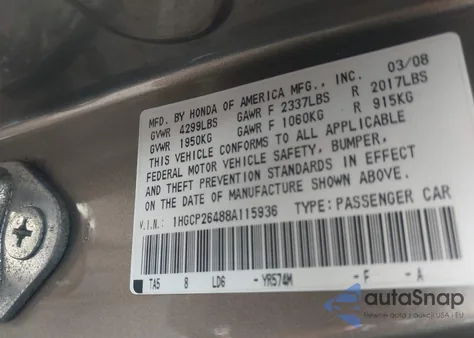 2008 Honda Accord 2.4 Lx-P from USA, damaged, VIN 1HGCP26488A115936